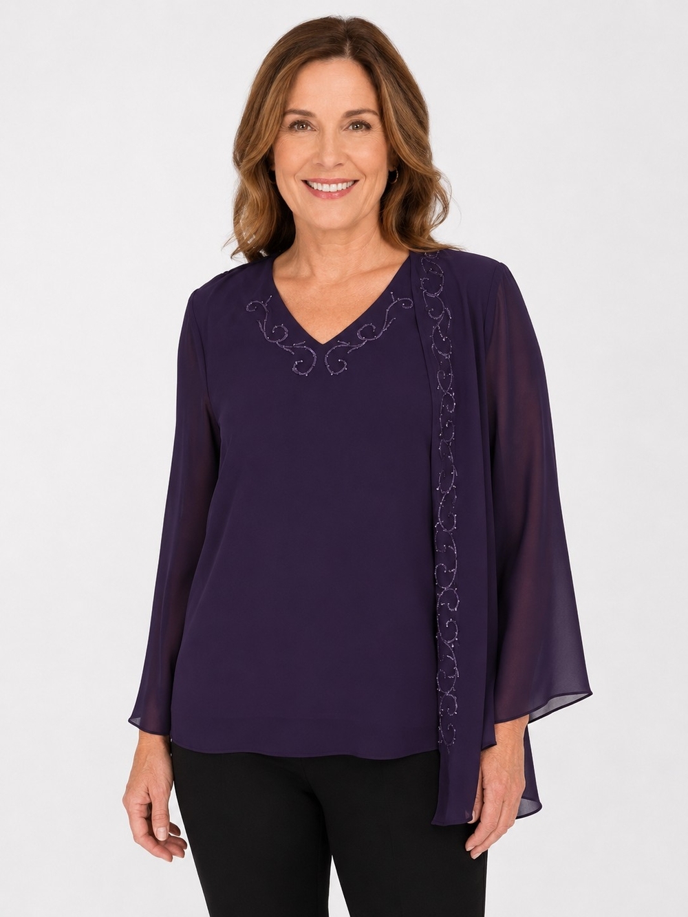 RM Richards NWT Embellished V-Neck Chiffon Blouse in Plum Women's Size 10